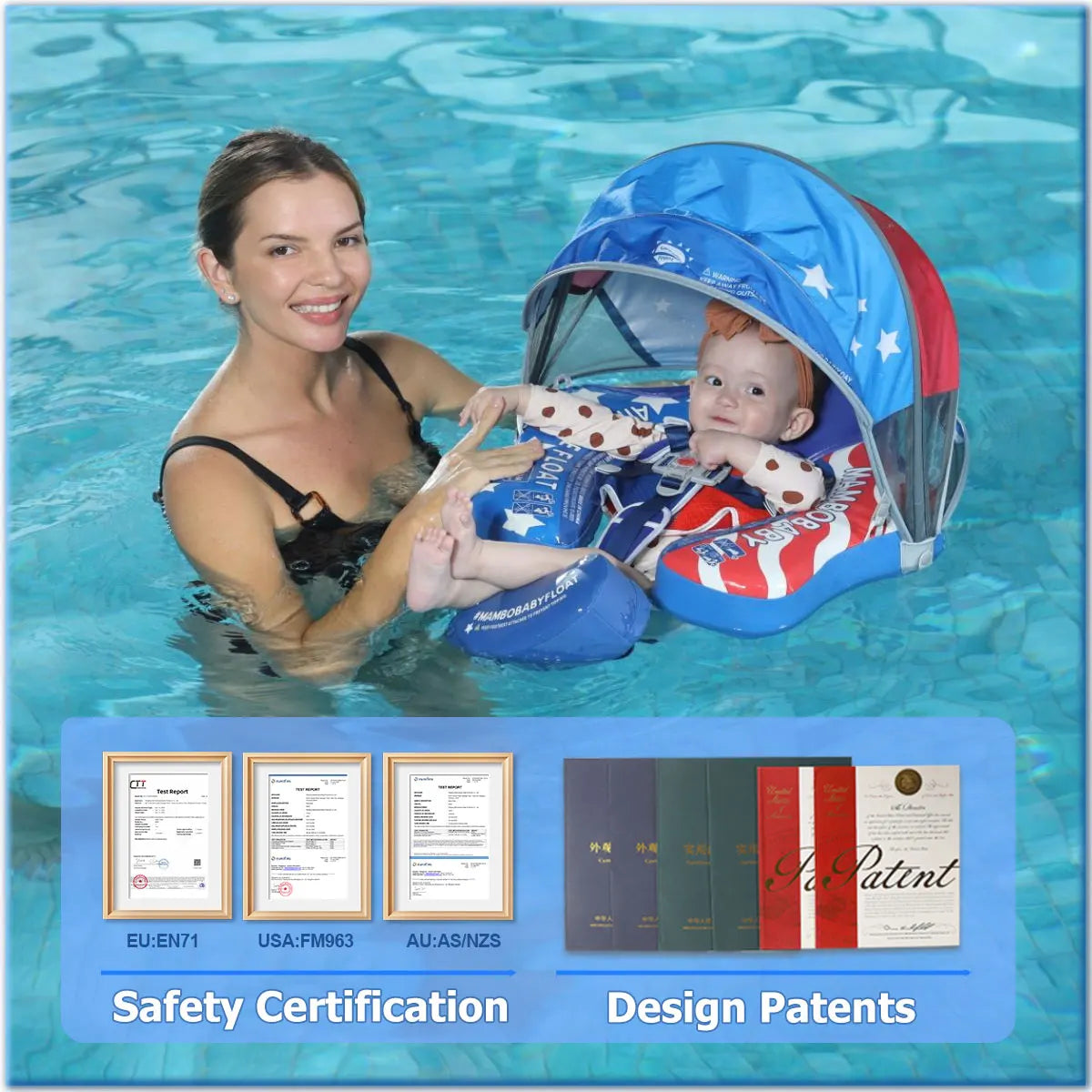 MAMBOBABY FLOAT Sunny Navigator Baby Pool Float with Canopy US Flag Safe Air-Free Core , Comfortable, Adjustable Sun Protection