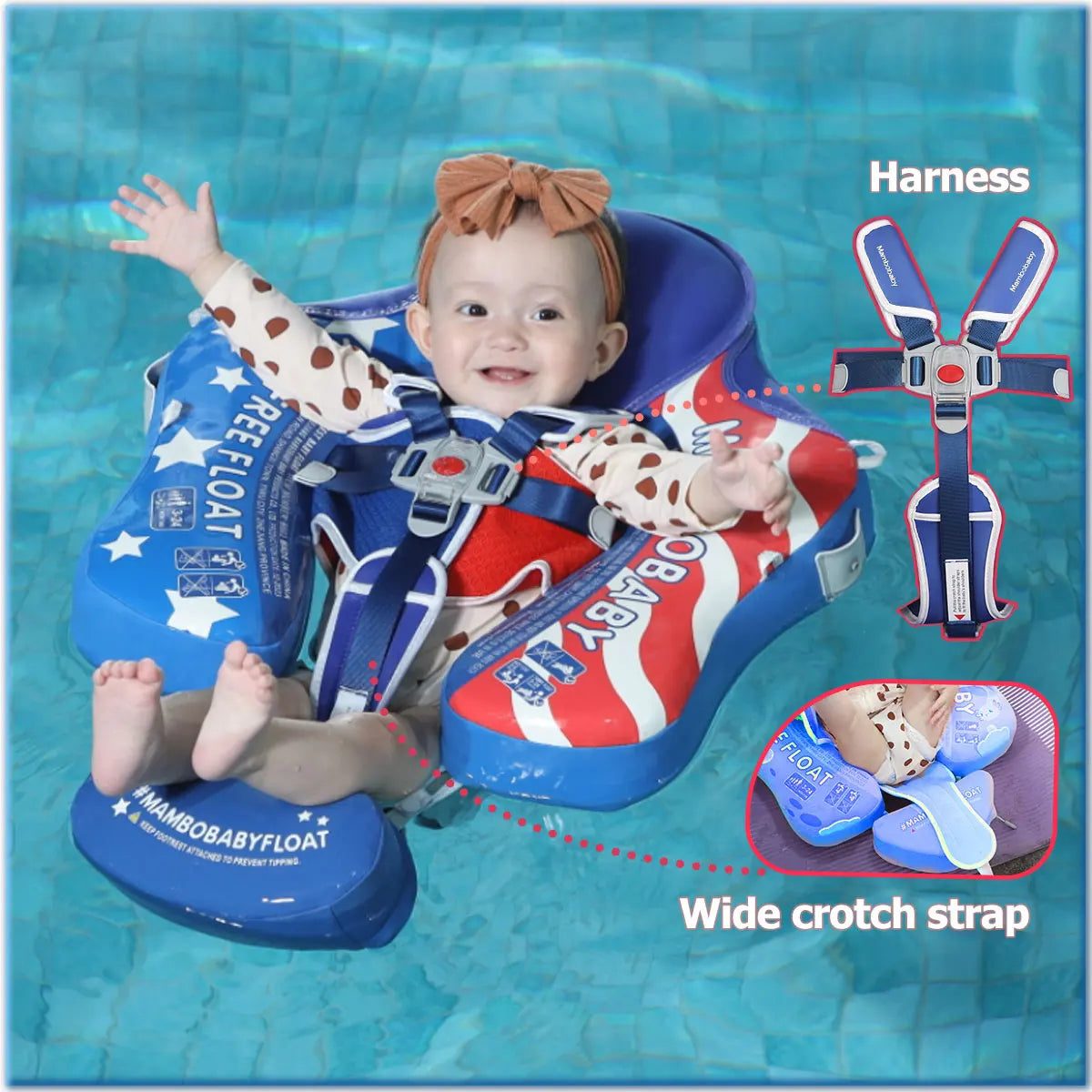 MAMBOBABY FLOAT Sunny Navigator Baby Pool Float with Canopy US Flag Safe Air-Free Core , Comfortable, Adjustable Sun Protection