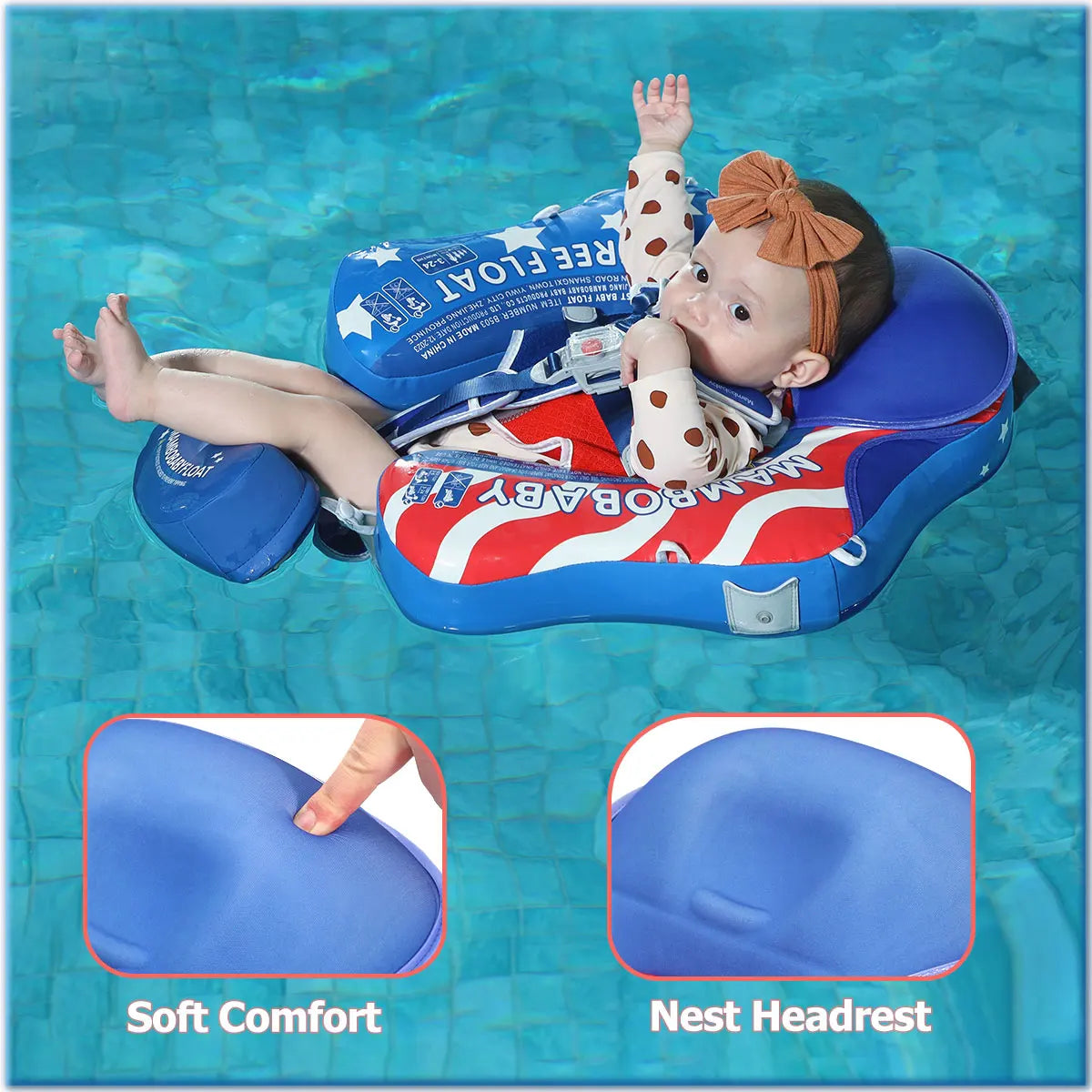 MAMBOBABY FLOAT Sunny Navigator Baby Pool Float with Canopy US Flag Safe Air-Free Core , Comfortable, Adjustable Sun Protection
