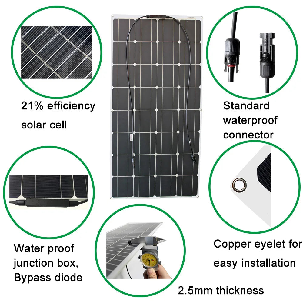 1000w flexible solar panel 12v 24v panel solar 100w monocrystalline battery charger for rv electric car camping yacht
