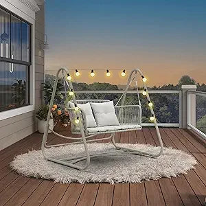 2-Seat Cloud Swing Chair with Stand Patio Wicker Bench Glider Loveseat Hanging Swinging for Indoor Outside Backyard Garden Outd