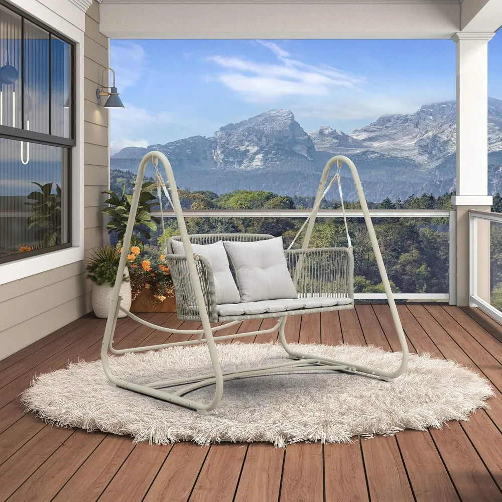 2-Seat Cloud Swing Chair with Stand Patio Wicker Bench Glider Loveseat Hanging Swinging for Indoor Outside Backyard Garden Outd