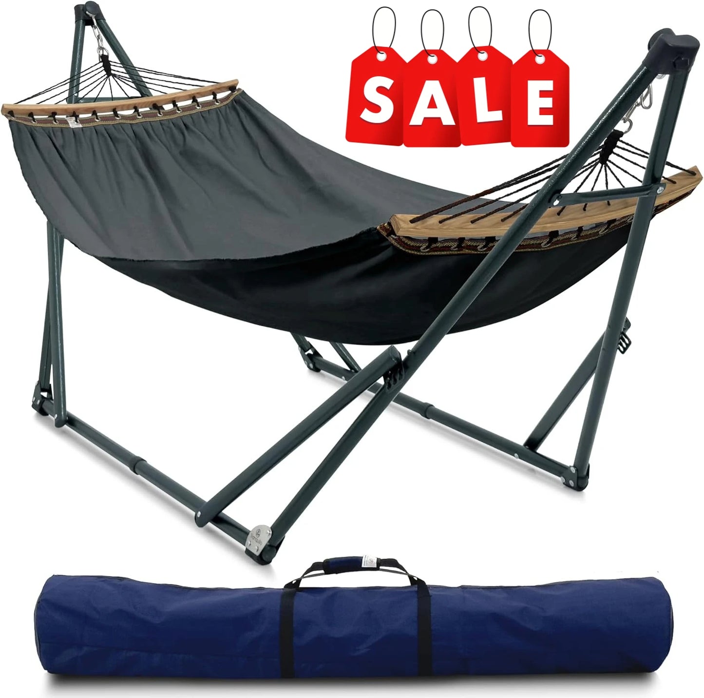 Adjustable Foldable Hammock Stand with 2 Layered Polyester Net and Carry Bag for 2 Persons (3. Canvas - Grey)