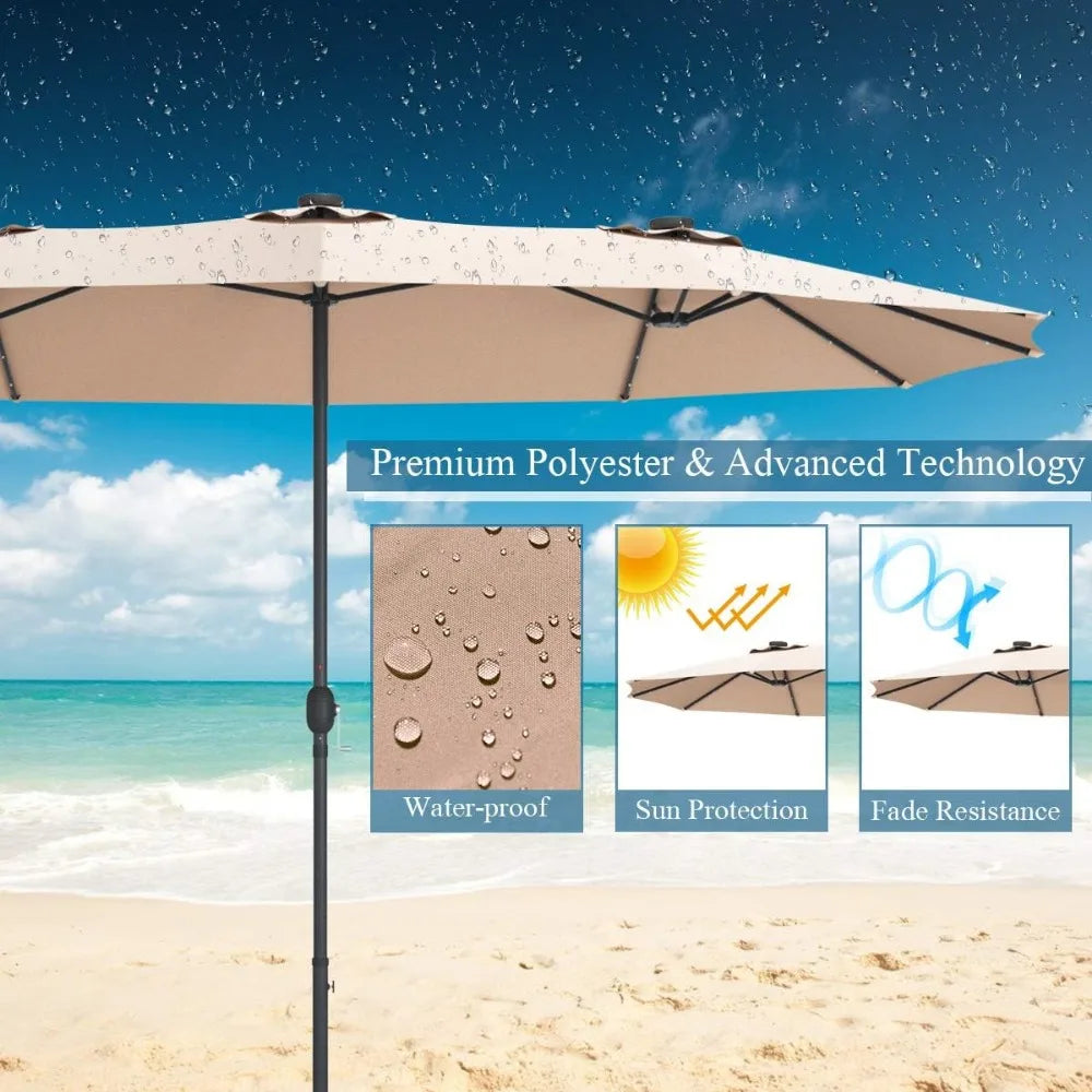 15 Ft Double Sided Patio Umbrella with Solar Lights, Extra Large Rectangle Outdoor Umbrella with 36 LED Lights & Crank Handle f