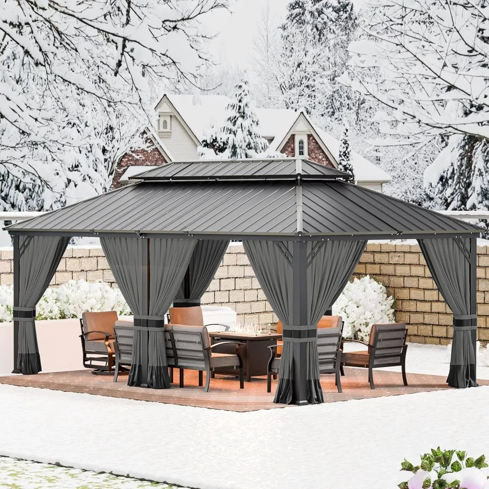 Hardtop Gazebo Outdoor Aluminum Frame Permanent Gazebo Galvanized Steel Double Roof Gazebos with Nettings and