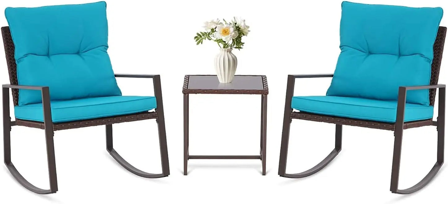 3 Piece Outdoor Rocking Bistro Set Black Wicker Furniture Porch Chairs Conversation Sets with Glass Coffee Table