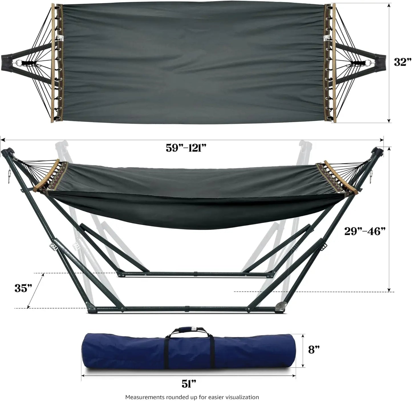Adjustable Foldable Hammock Stand with 2 Layered Polyester Net and Carry Bag for 2 Persons (3. Canvas - Grey)