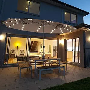 15 Ft Double Sided Patio Umbrella with Solar Lights, Extra Large Rectangle Outdoor Umbrella with 36 LED Lights & Crank Handle f