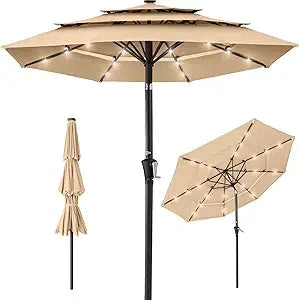 10ft 3-Tier Solar Patio Umbrella, Outdoor Market Sun Shade for Backyard, Deck, Poolside w/ 24 LED Lights, Tilt Adjustment, Easy