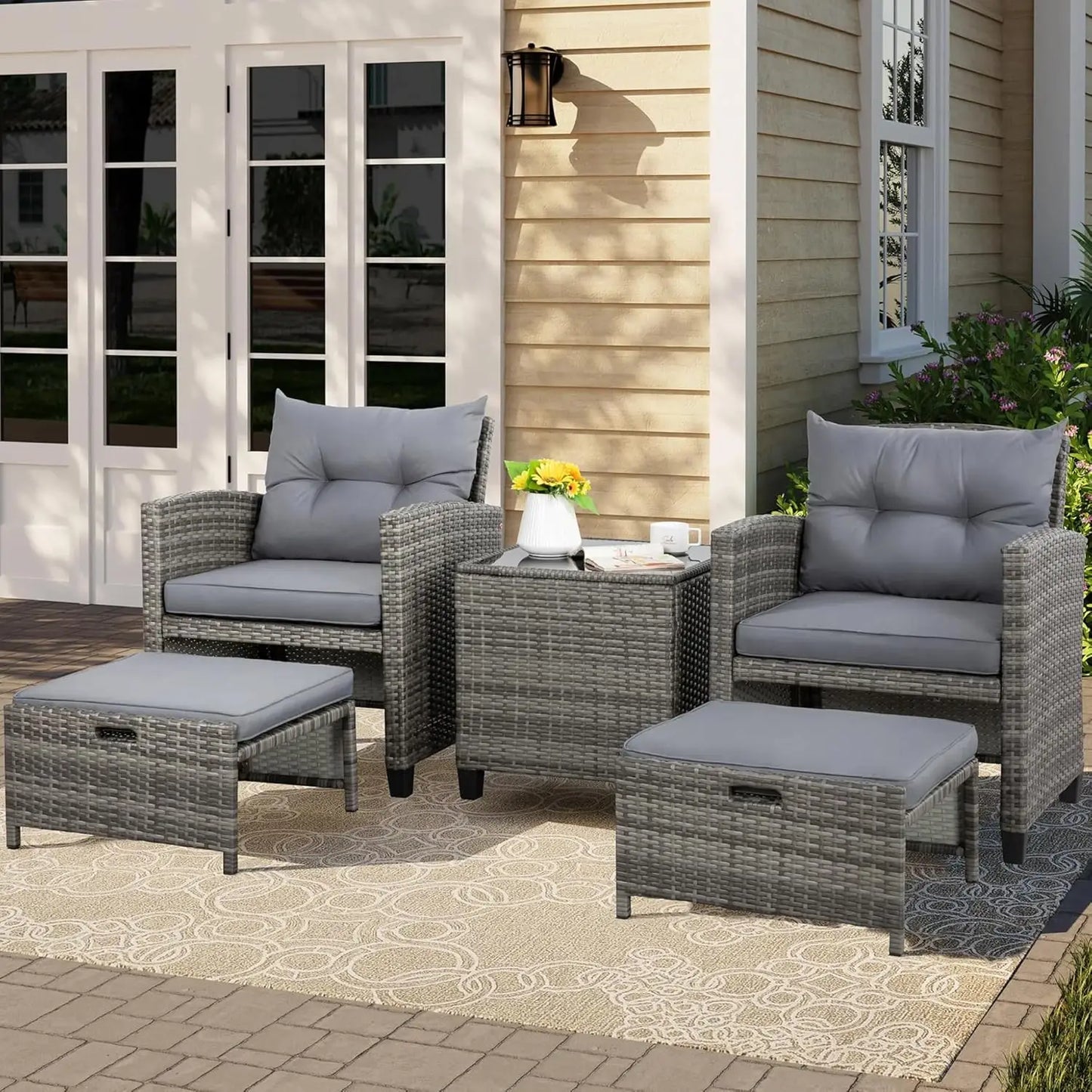 5 Piece Patio Furniture Set, Small Balcony Furniture, PE Wicker Rattan Patio Chairs Set of 2, Outdoor Lounge Chairs