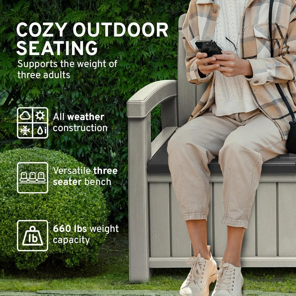 3 Seat Outdoor Storage Bench - 90 Gallon Capacity - Weatherproof Resin Bench for Patio, Porch, Garden, Yard, Pool Area - Furnit