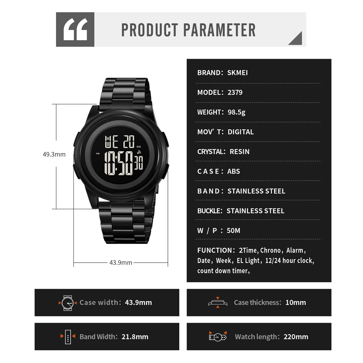 LED Digital Watches Men Sports 5Bar Waterpoof Alarm Clock Alloy Case Electronic Wrist Watches Stainless Steel Watch