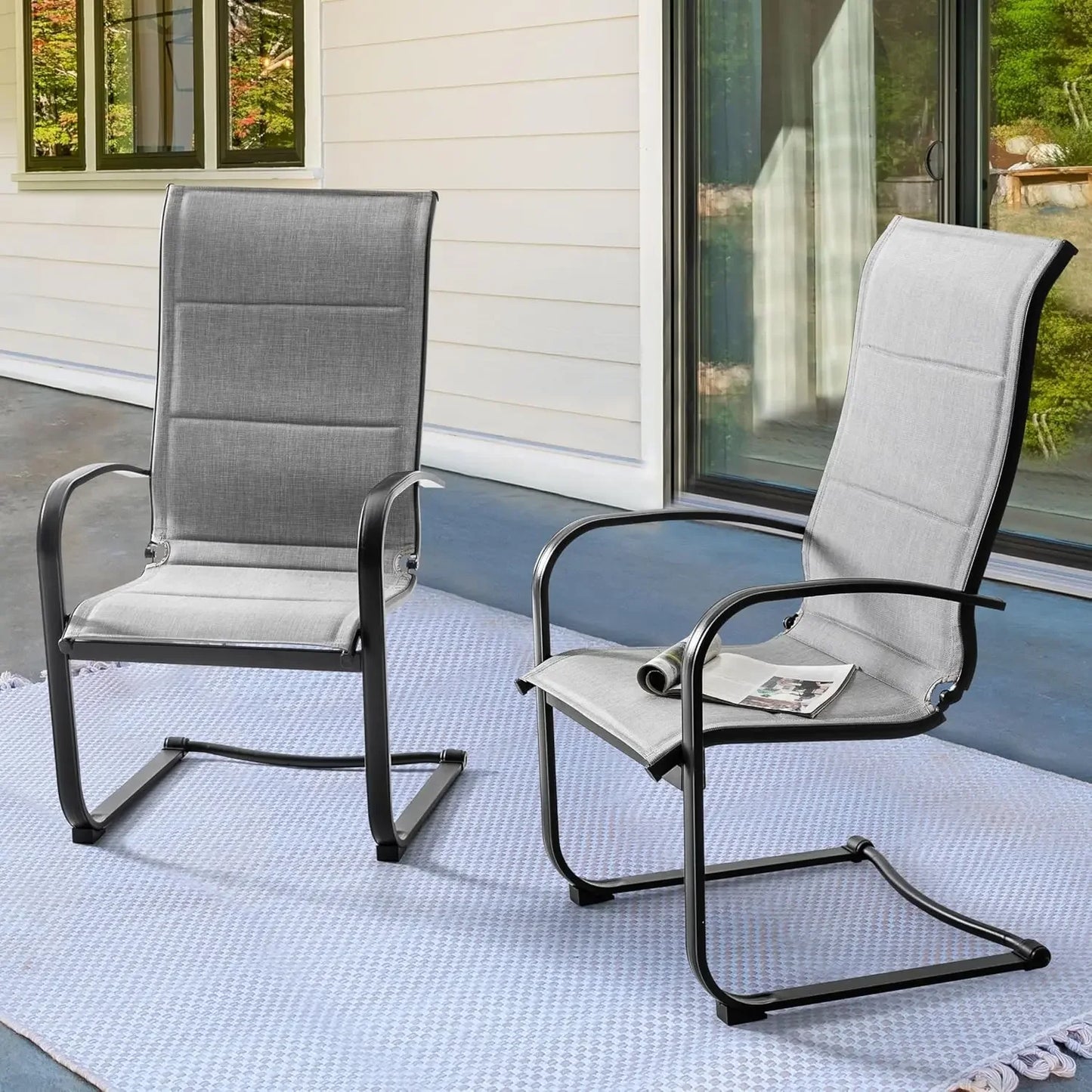 Patio Dining Chairs Set of 2, All Weather Outdoor Padded Textilene Patio Chairs, Breathable Spring Motion Textile High Back
