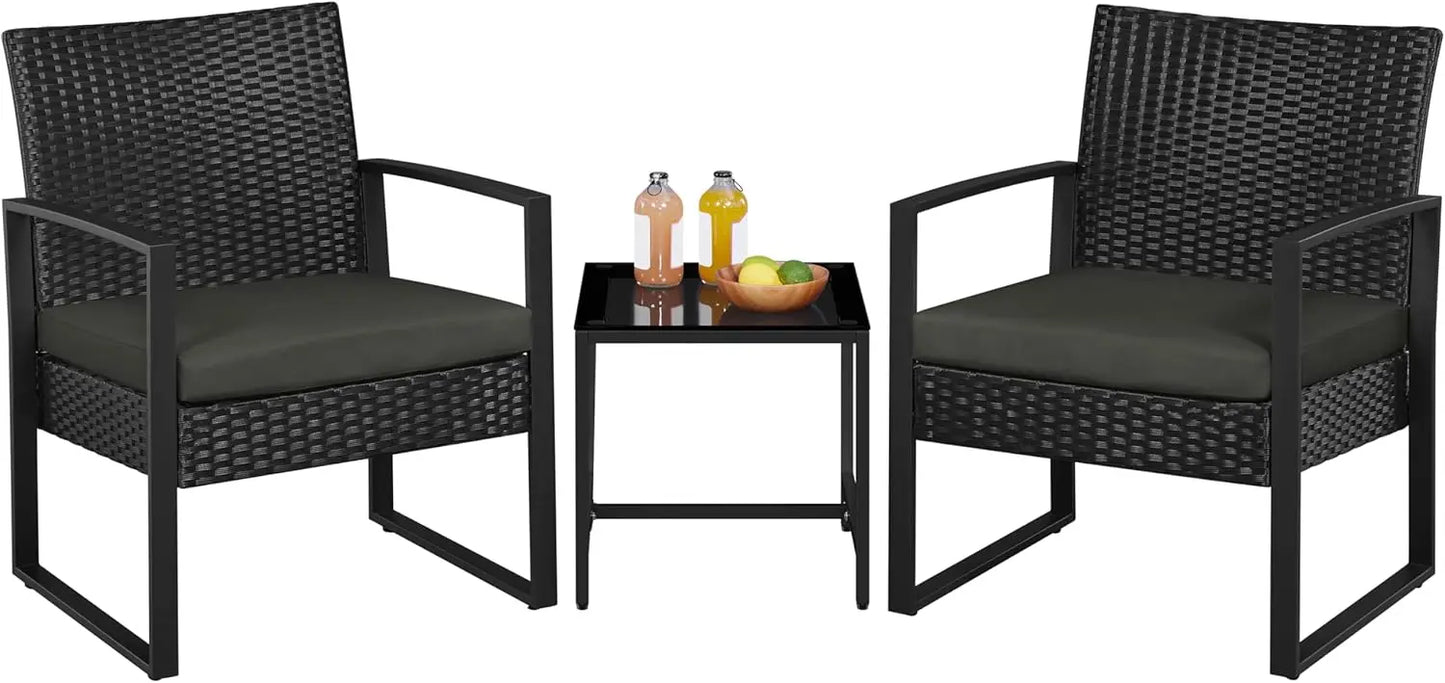 3 Pieces Rattan Bistro Set, Indoor/Outdoor Wicker Patio Modern Conversation Furniture, 2 Chairs & Tempered Glass Coffe Table