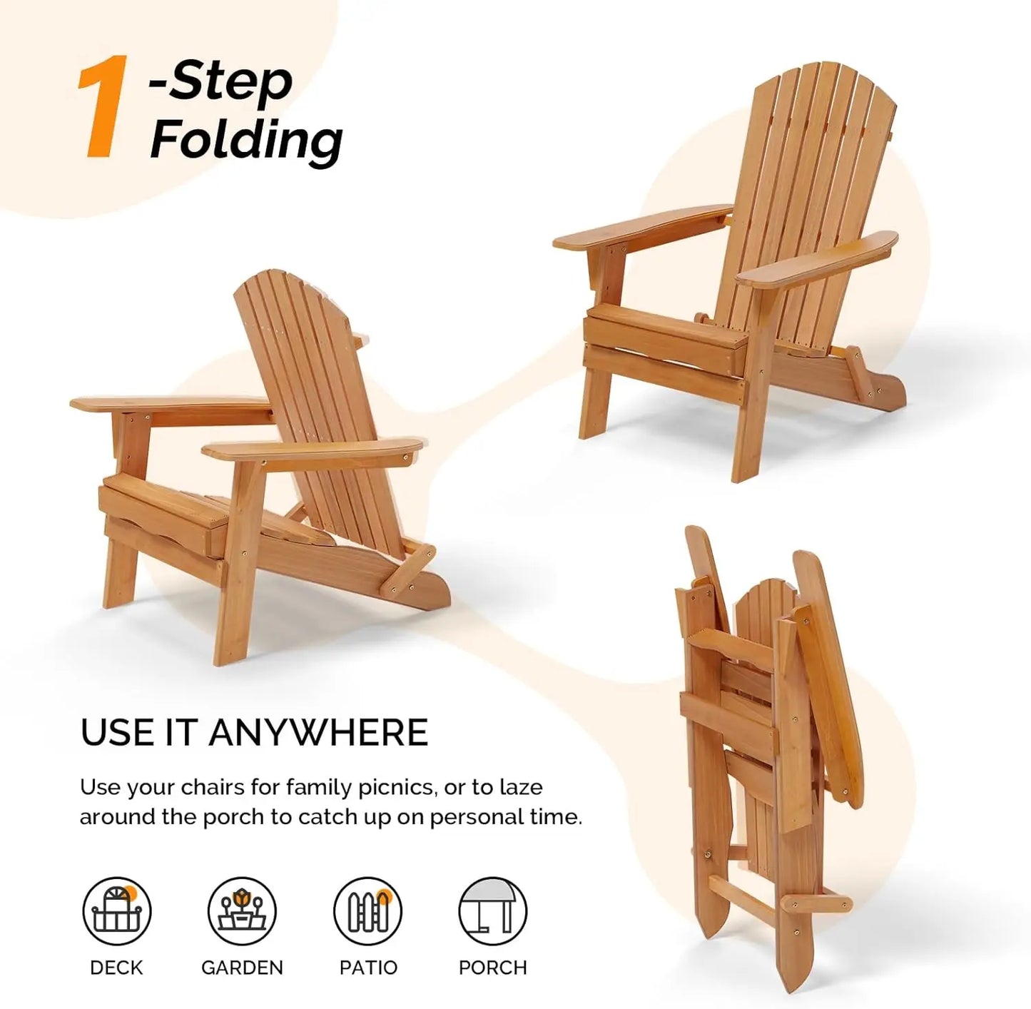 Folding Adirondack Chairs Set of 4,Wood Adirondack Chair for Outdoor, Foldable Fire Pit Chairs for Patio, BBQ, Porch, Yard, Pool