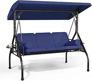 3-Seat Patio Swing Chair, Outdoor Porch Swing with Cushions,Pillows & Cup Holders, Adjustable Canopy Outside Bench Swing for Ba