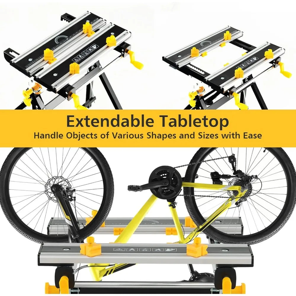 Portable Workbench, Folding Work Table with 7-Level Height Adjustable, 8 Sliding Clamps and Reclining, Folding Workbench and Vi