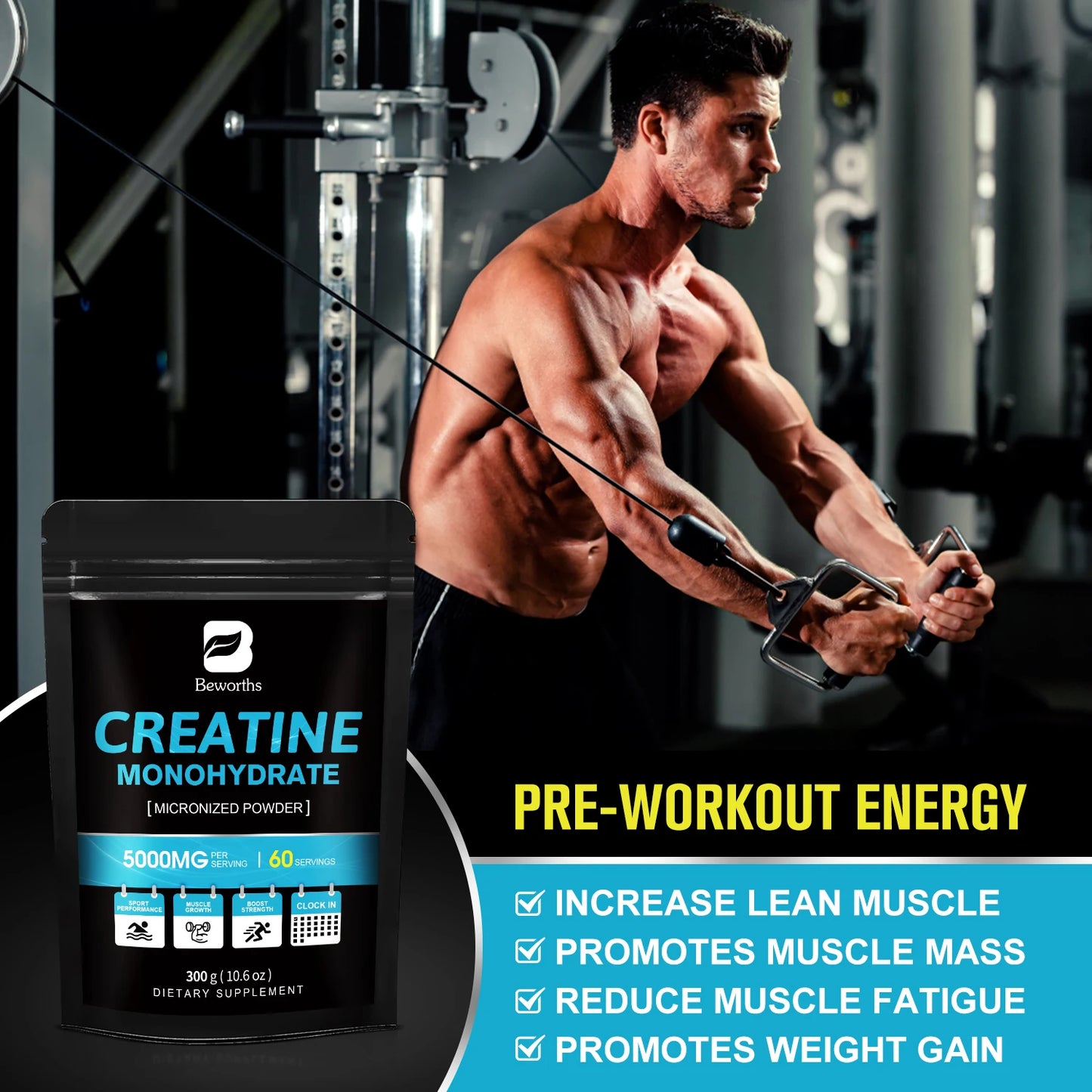 BEWORTHS 300g Creatine Monohydrate Fitness Supplements Build Muscles Muscle Endurance, Non-GMO, Gluten-Free