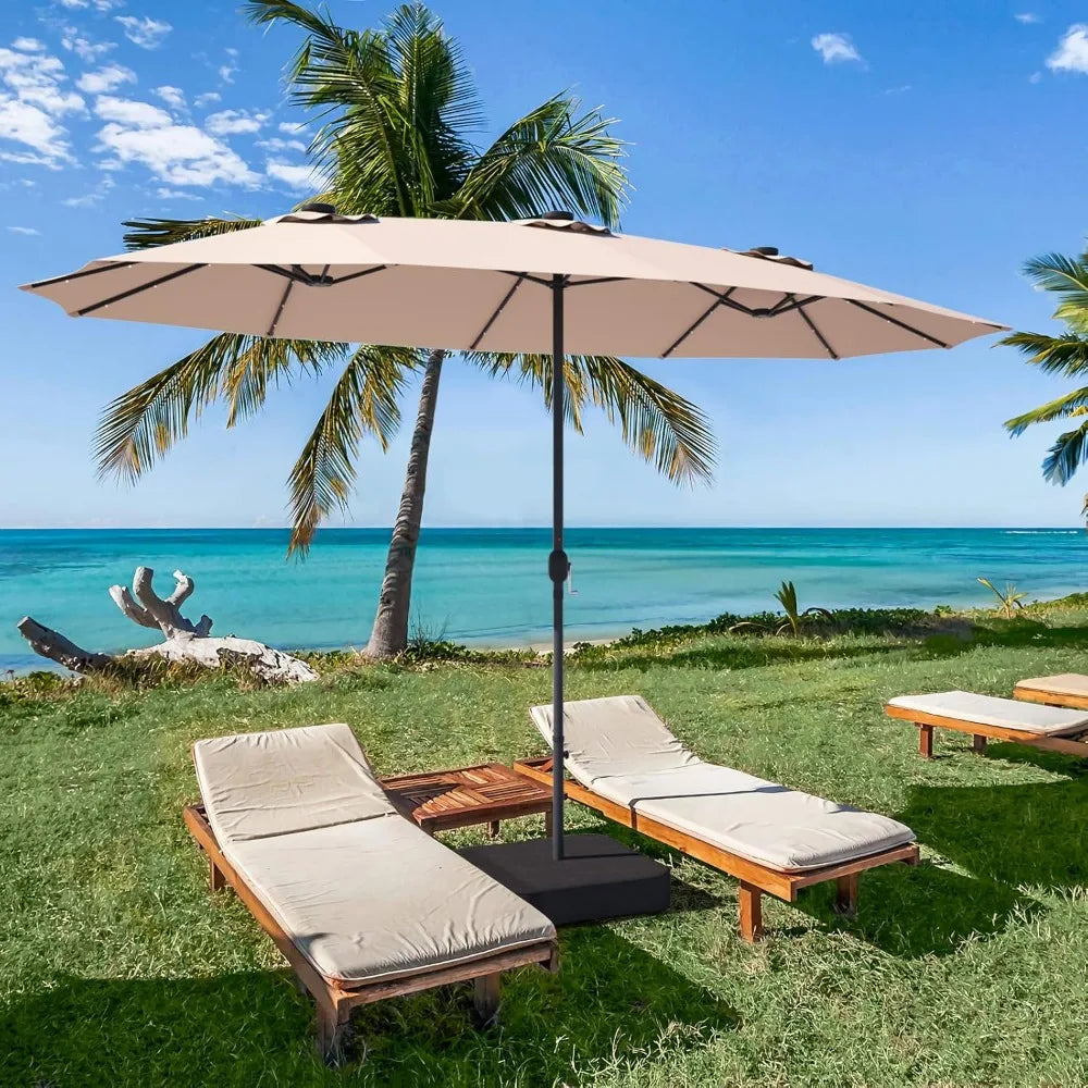 15 Ft Double Sided Patio Umbrella with Solar Lights, Extra Large Rectangle Outdoor Umbrella with 36 LED Lights & Crank Handle f