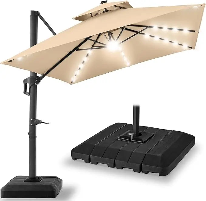 10x10ft Cantilever Patio Umbrella w/Base Included, Solar LED Lights 360 Rotation Large Offset Hanging Outdoor Shade for Deck Po