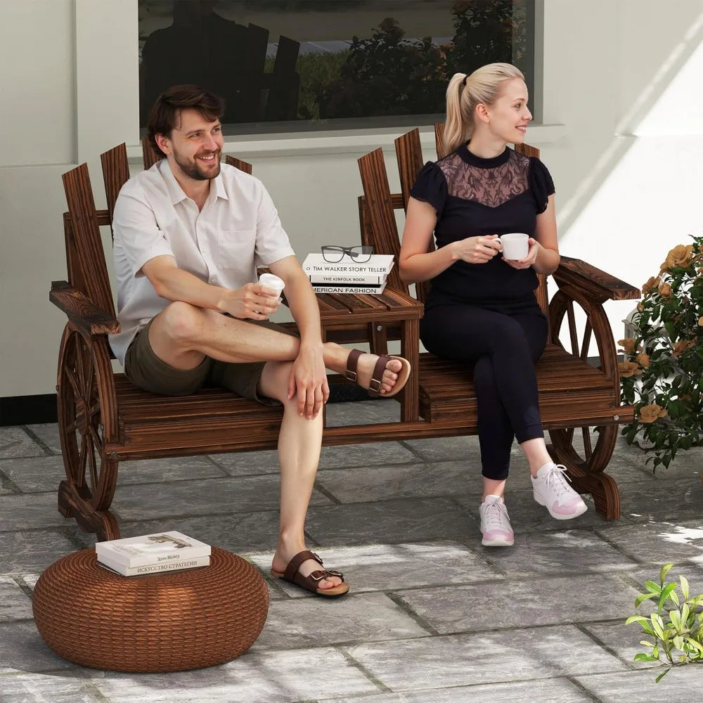 Wooden Garden Bench with Table, Umbrella Hole, 2-Seat Wagon Wheel Outdoor Bench with Slatted Seat, High Backrest, Armrests for