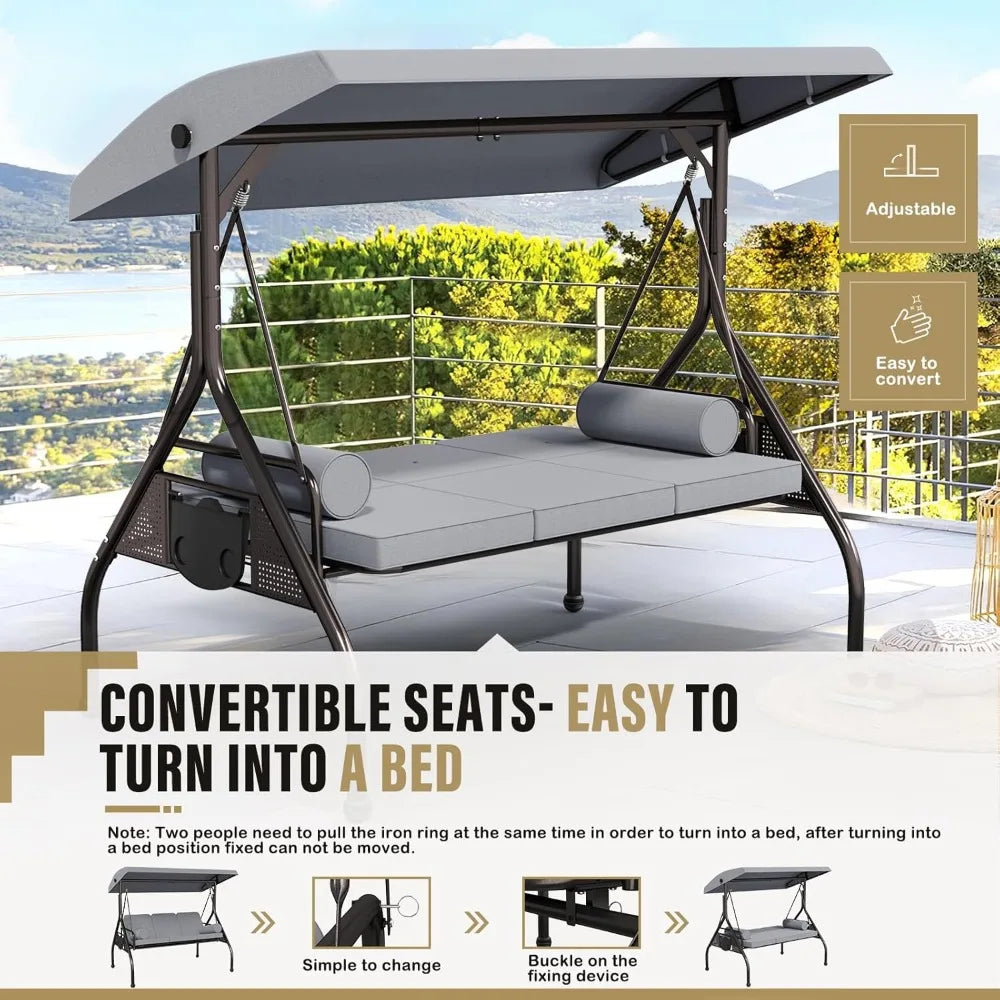 3-Seat Patio Swing Chair, Outdoor Porch Swing with Cushions,Pillows & Cup Holders, Adjustable Canopy Outside Bench Swing for Ba