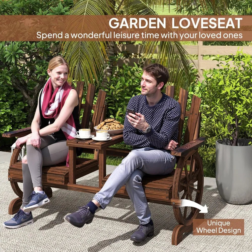 Wooden Garden Bench with Table, Umbrella Hole, 2-Seat Wagon Wheel Outdoor Bench with Slatted Seat, High Backrest, Armrests for