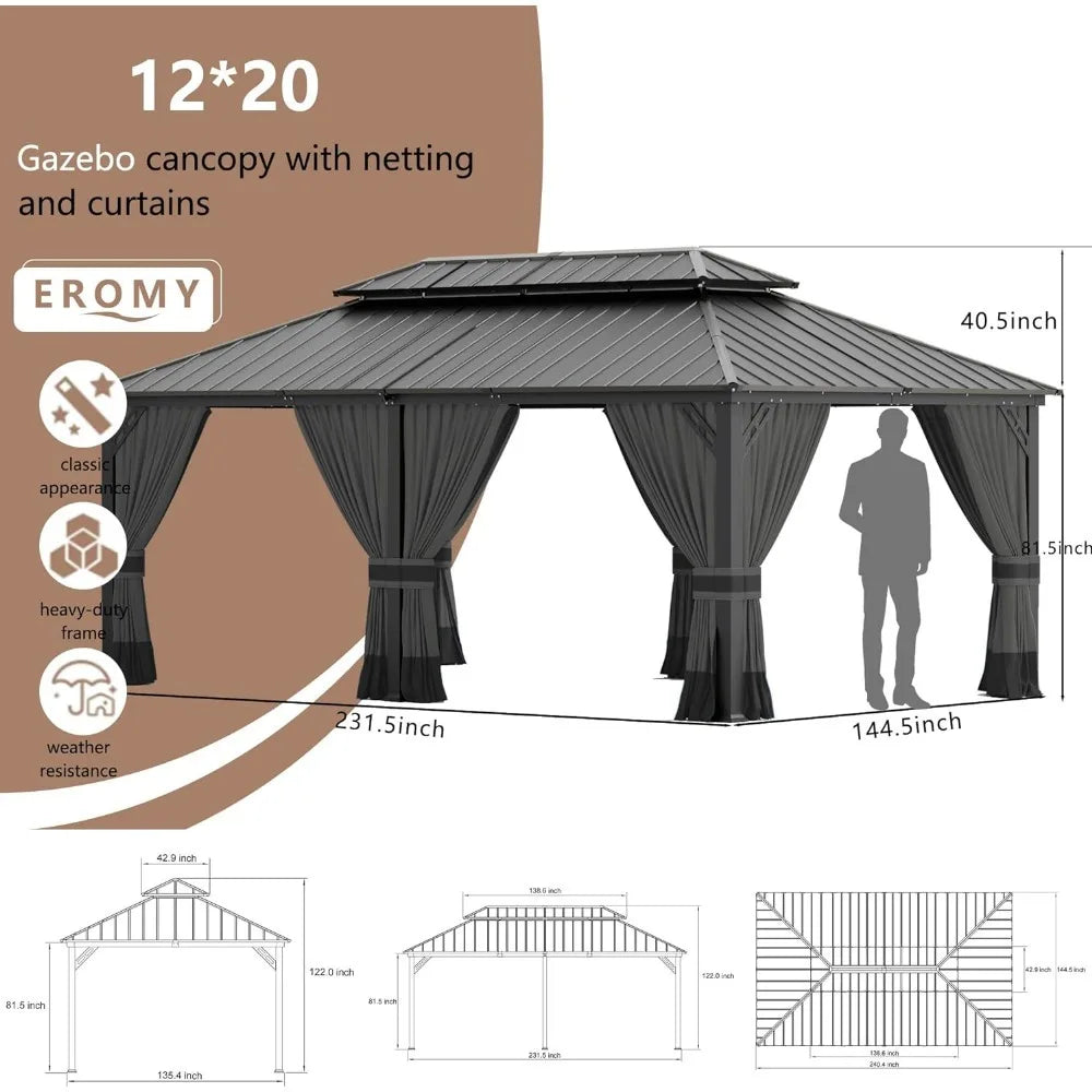 Hardtop Gazebo Outdoor Aluminum Frame Permanent Gazebo Galvanized Steel Double Roof Gazebos with Nettings and