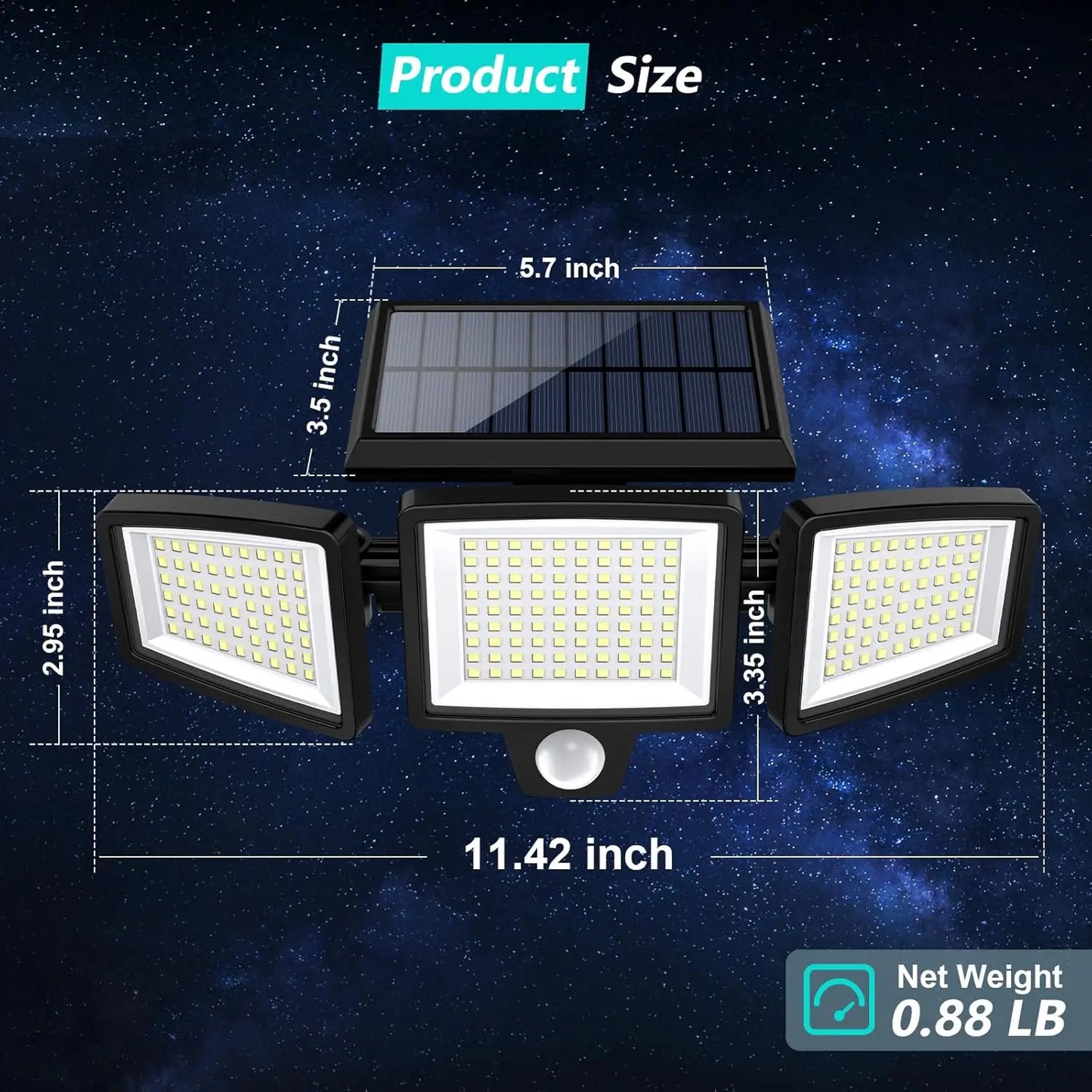 IP65Waterproof Triple Head Outdoor Solar Light, 210LED 2500LM Motion Sensor Safety Light for Porch, Garage, Yard Entrance, Patio