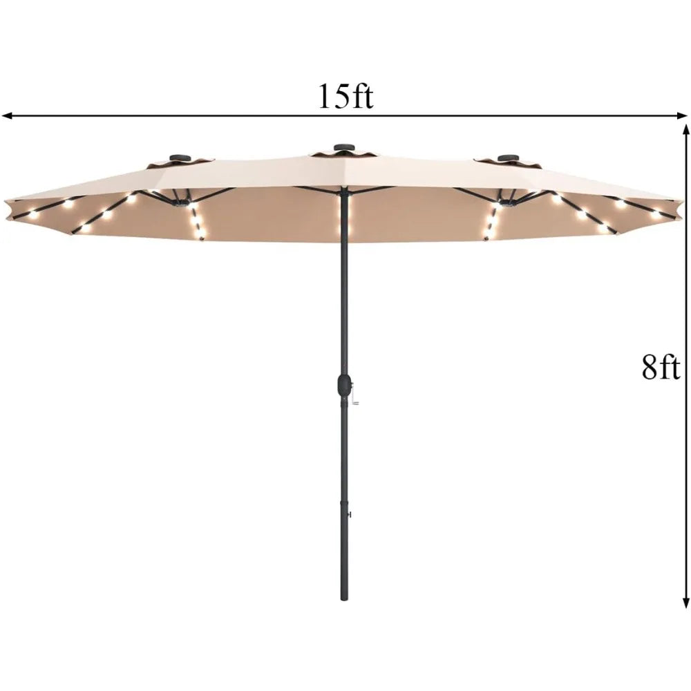 15 Ft Double Sided Patio Umbrella with Solar Lights, Extra Large Rectangle Outdoor Umbrella with 36 LED Lights & Crank Handle f