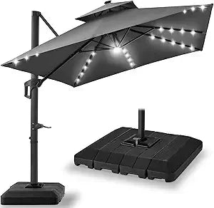 10x10ft Cantilever Patio Umbrella w/Base Included, Solar LED Lights 360 Rotation Large Offset Hanging Outdoor Shade for Deck Po