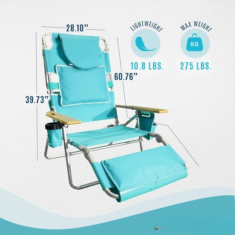 Deluxe Reclining Lounge Chair, 3 in 1 Folding Outdoor Beach Lounger, for Lawn, Pool, Patio, Aqua - Heavy-Duty Portable Chair