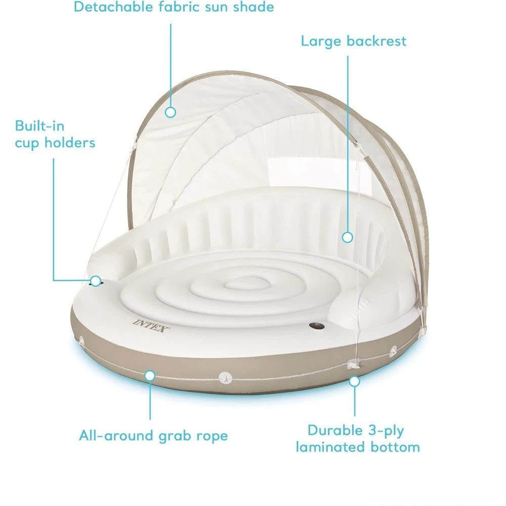 58292EP Canopy Island Inflatable Pool Float: Comfortable Lounge Surface – Built-in Cup Holders – Detachable Sunshade