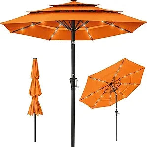 10ft 3-Tier Solar Patio Umbrella, Outdoor Market Sun Shade for Backyard, Deck, Poolside w/ 24 LED Lights, Tilt Adjustment, Easy