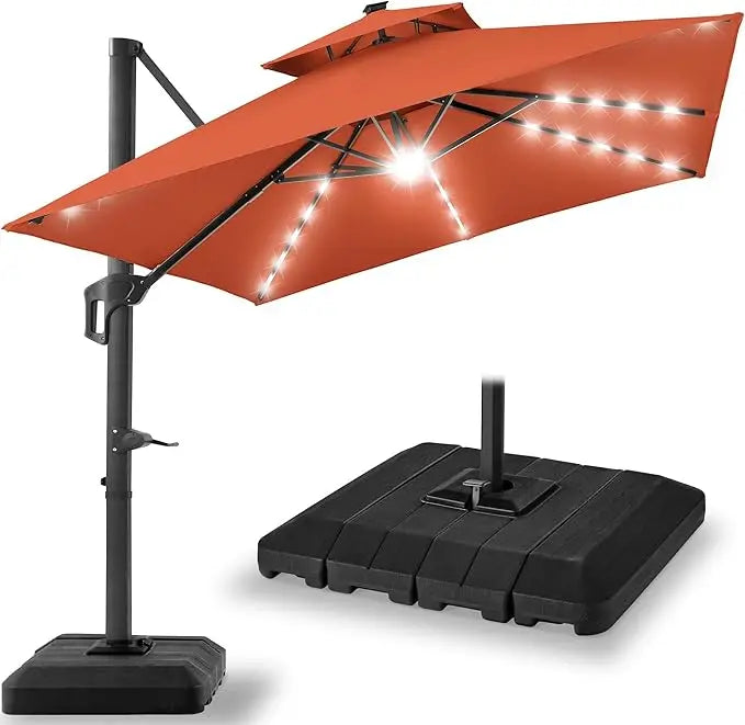 10x10ft Cantilever Patio Umbrella w/Base Included, Solar LED Lights 360 Rotation Large Offset Hanging Outdoor Shade for Deck Po