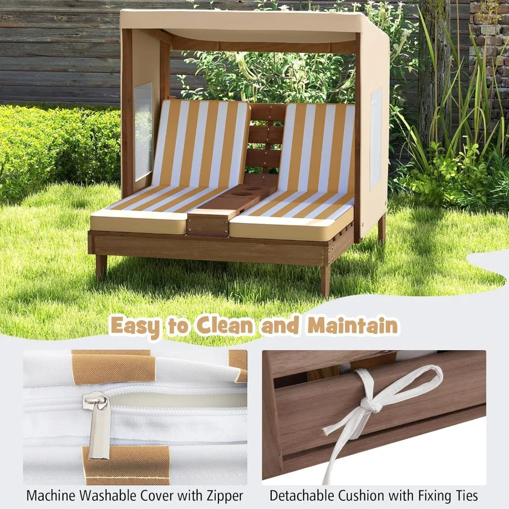 Kids Chaise Lounge Chair Outdoor, Toddler Wood Double Pool Lounger Chairs w/Canopy, Cup Holders, Removable Stripped Fabric Cush