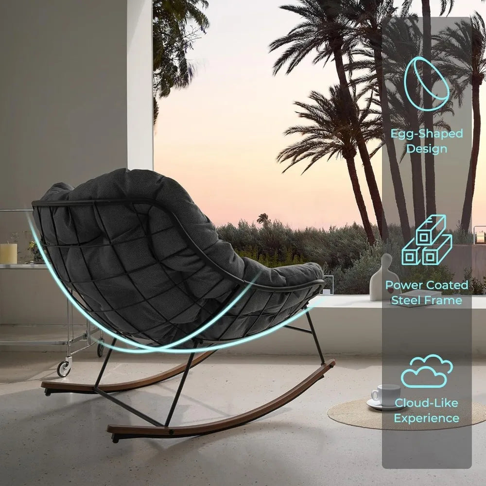 Rocking Chair Outdoor, E-Coated Papasan Rocking Chair with Cushion, Outdoor Oversized Recliner Rocker for Patio Porch Garden