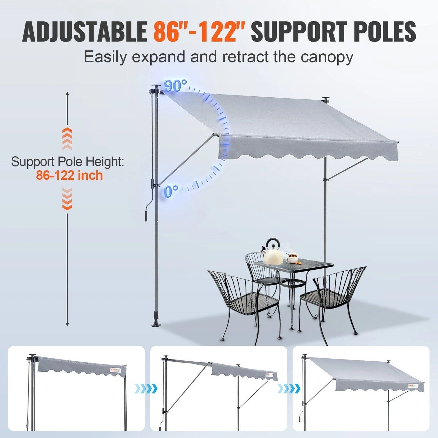 118" Outdoor Retractable Patio Awning Sunshade Shelter, Adjustable Patio Door Window Awning Canopy with 39" Sun Shade Curtain