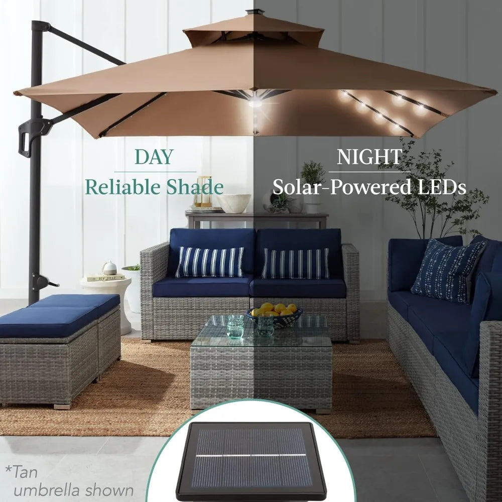 10x10ft Cantilever Patio Umbrella w/Base Included, Solar LED Lights 360 Rotation Large Offset Hanging Outdoor Shade for Deck Po