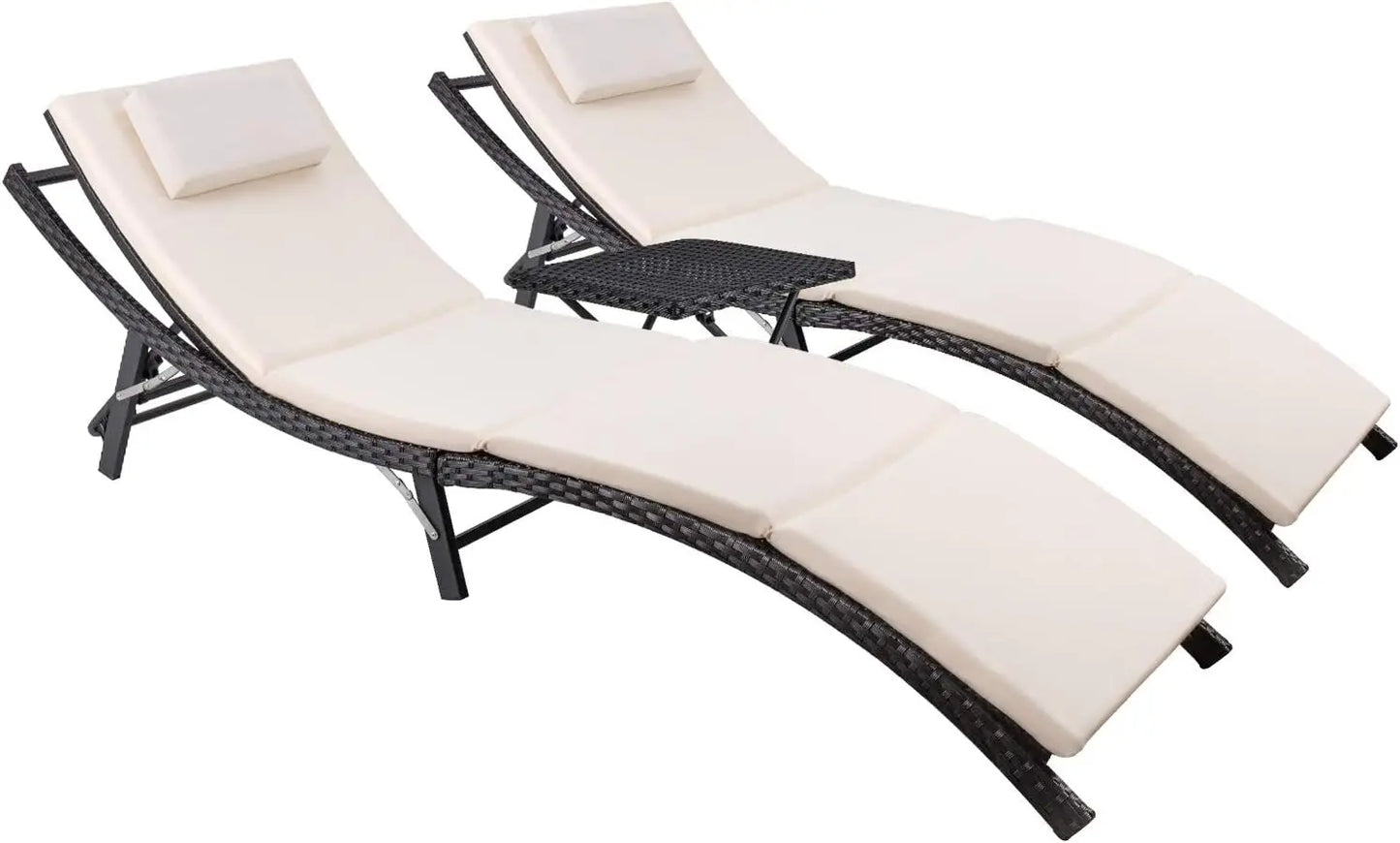 Patio Chaise Lounge Sets Outdoor Rattan Adjustable Back Cushioned Patio Folding Chaise Lounge with Folding Table