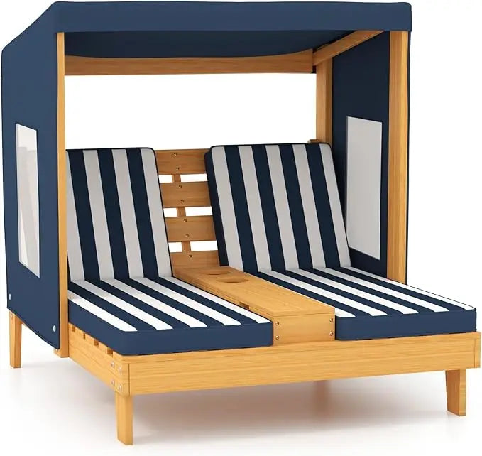 Kids Chaise Lounge Chair Outdoor, Toddler Wood Double Pool Lounger Chairs w/Canopy, Cup Holders, Removable Stripped Fabric Cush