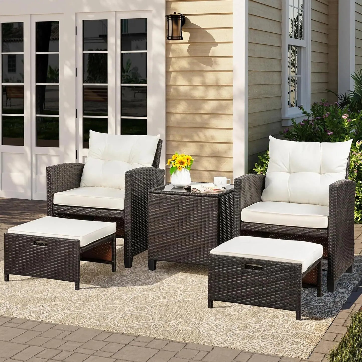 5 Piece Patio Furniture Set, Small Balcony Furniture, PE Wicker Rattan Patio Chairs Set of 2, Outdoor Lounge Chairs