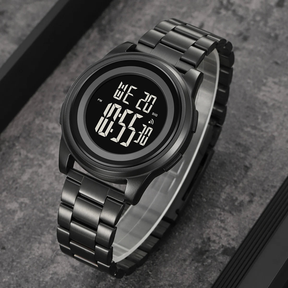 LED Digital Watches Men Sports 5Bar Waterpoof Alarm Clock Alloy Case Electronic Wrist Watches Stainless Steel Watch