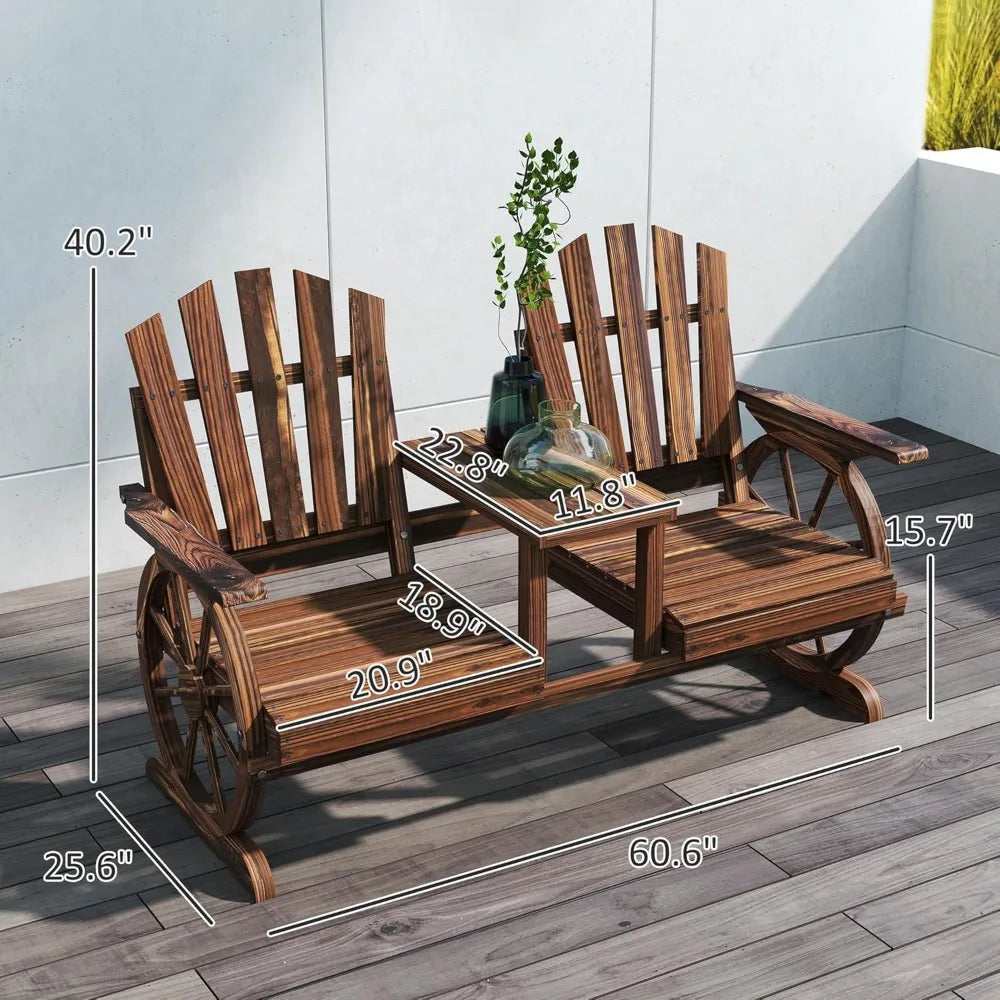 Wooden Garden Bench with Table, Umbrella Hole, 2-Seat Wagon Wheel Outdoor Bench with Slatted Seat, High Backrest, Armrests for