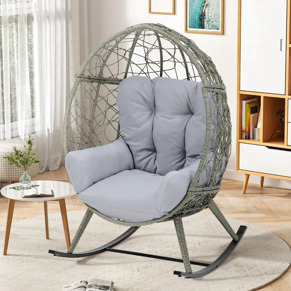 Outdoor Rocking Egg Chair with Cushioned Comfort, Wicker Patio Rocker 250lb Capacity, Anti-Slip, All-Weather Resilient