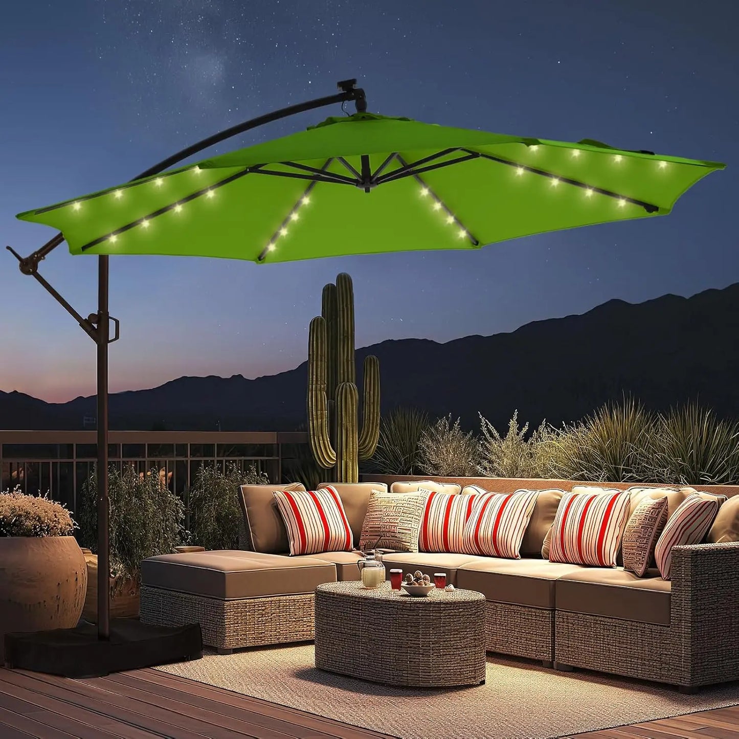10ft Solar Lights Offset Cantilever Patio Umbrella- with Light and Base,LED Lighted Offset Hanging Patio Outdoor Market Umbrella
