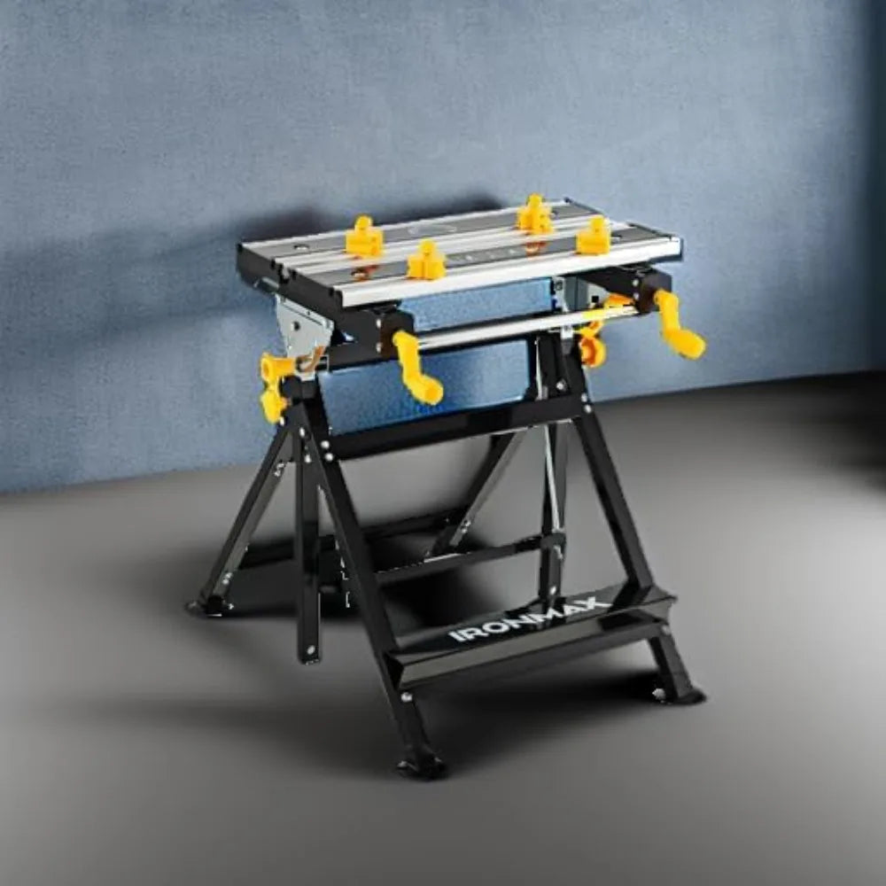 Portable Workbench, Folding Work Table with 7-Level Height Adjustable, 8 Sliding Clamps and Reclining, Folding Workbench and Vi