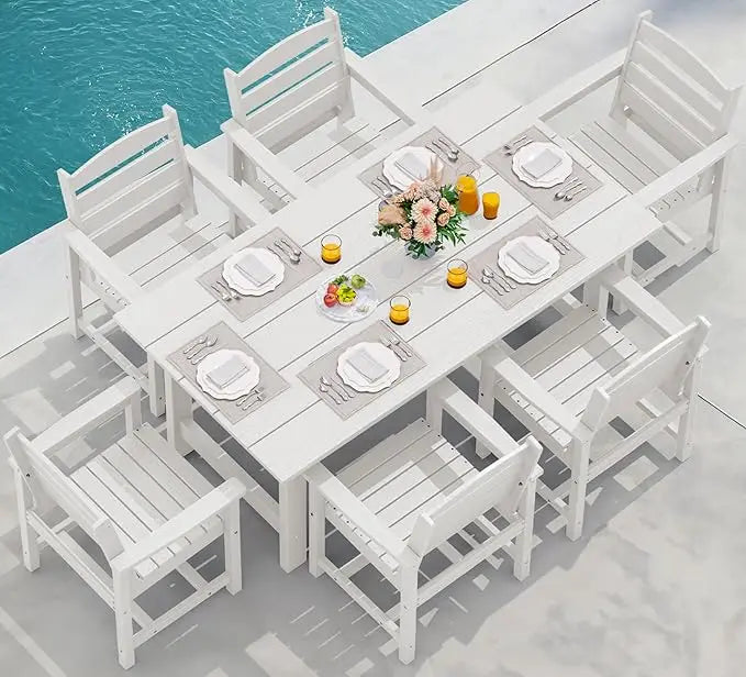 Outdoor HDPE Dining Table Set, 7-Piece Outdoor Dining Table Sets with Umbrella Hole Cut-Out Table and 6 Chairs, Gray
