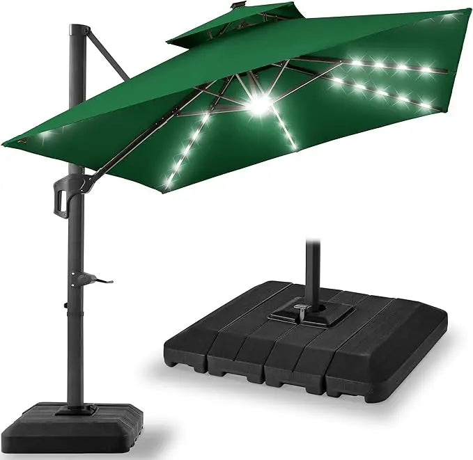 10x10ft Cantilever Patio Umbrella w/Base Included, Solar LED Lights 360 Rotation Large Offset Hanging Outdoor Shade for Deck Po