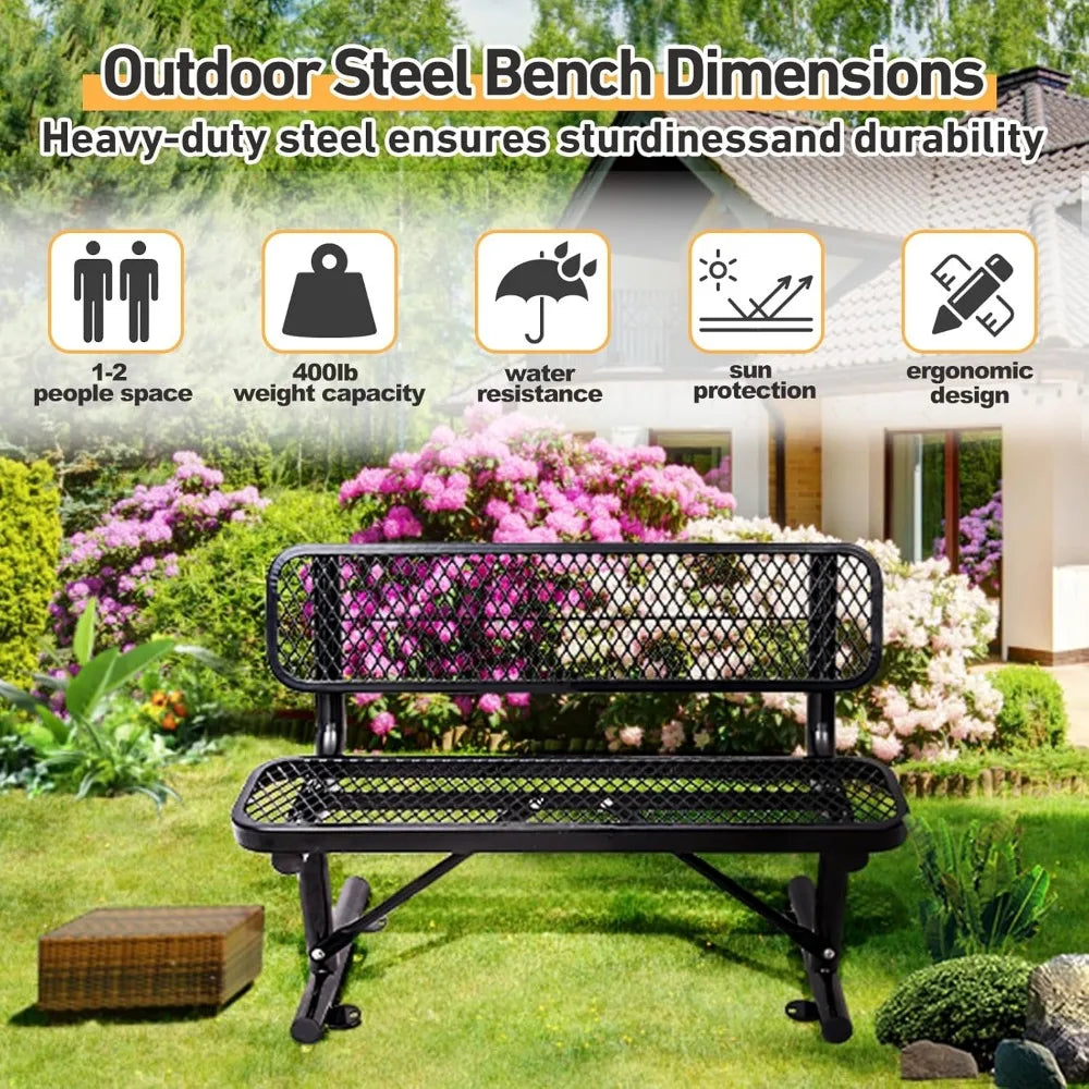 4FT Heavy Duty Park Bench with Back Portable Frame, Outdoor Metal Park Bench with Backrest, Steel Mesh Outdoor Bench for Garden,
